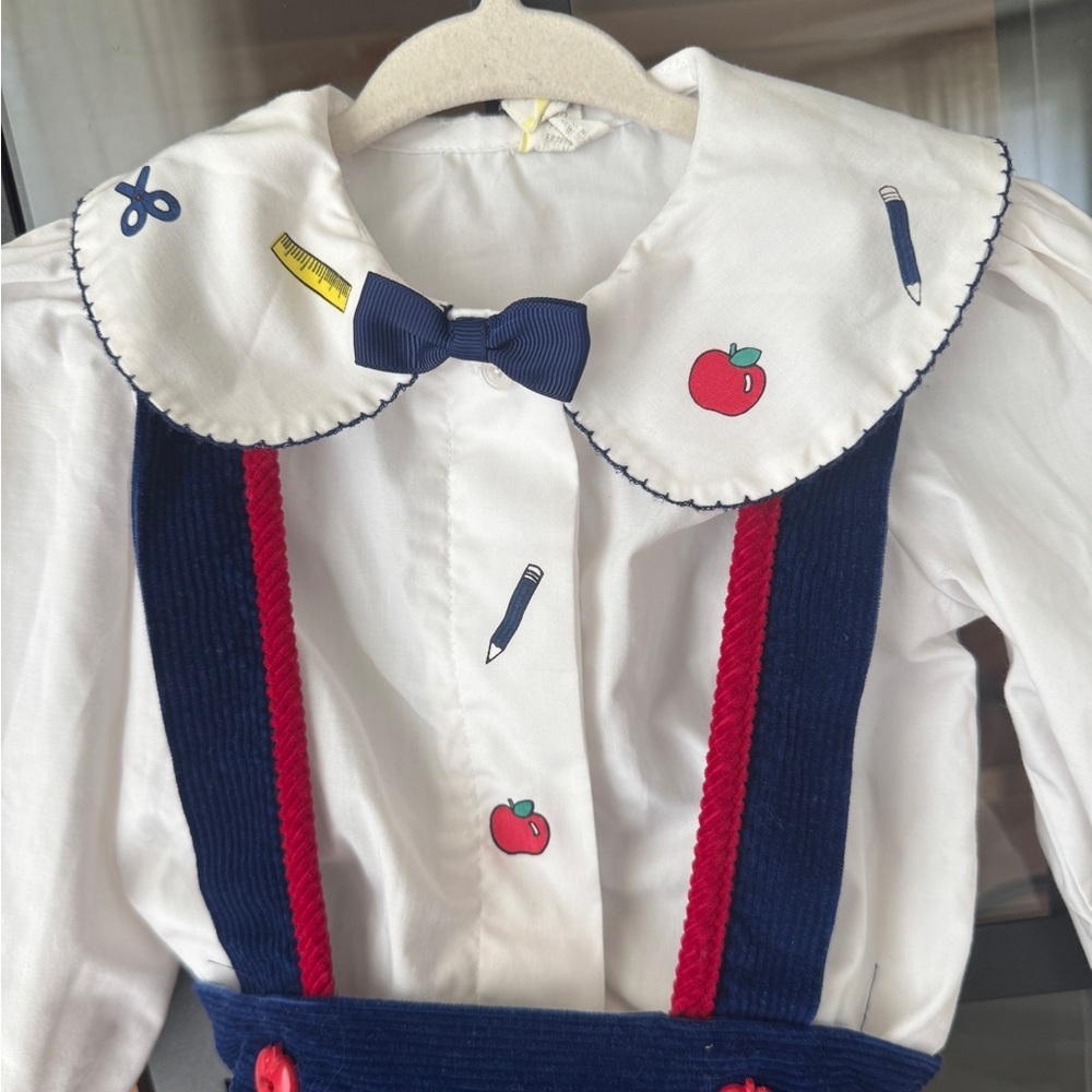 Vintage 1994 apples overalls dress set long sleeve top bow school collar toddler - Picture 7 of 10